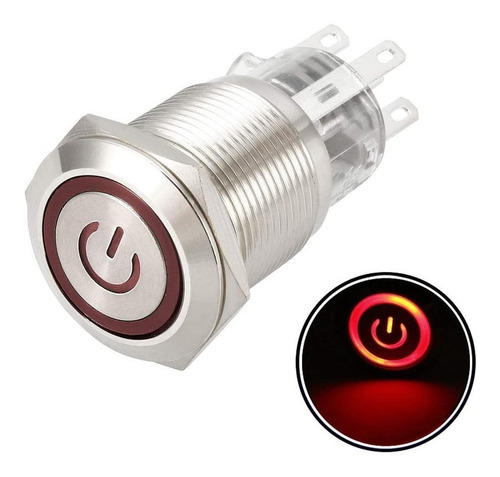 Imagen 2 de 10 de Boton Pulsador De Metal Led Con Logo Y Retención - 16mm Rojo