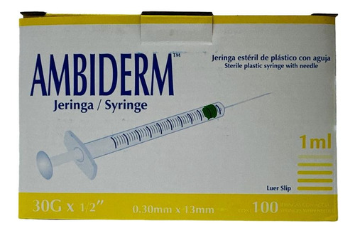 Jeringa Para Insulina 30gx13mm De 1ml Ambiderm Caja/100 Pz Capacidad En Volumen 1 Ml