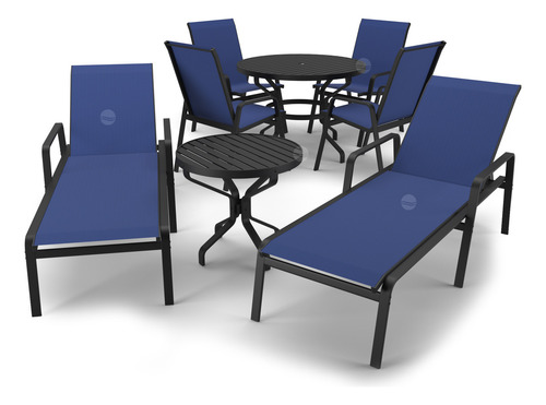 Kit 2 Espreguiçadeiras, 1 Conjunto Ripado 4 Cadeiras, 1 Mesa Lateral Ripado Aluv Móveis Alumínio Preto Tela Azul