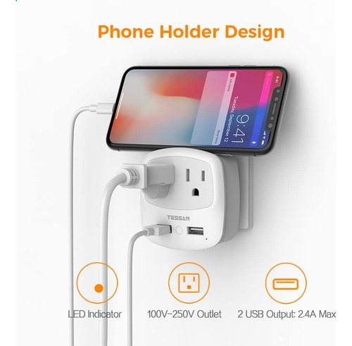Adaptador De Enchufe De Viaje Tessan Con 2 Usb Tipo C Eu