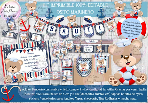 Kit Imprimible Candy Osito Marinero Nautico 100% Editable