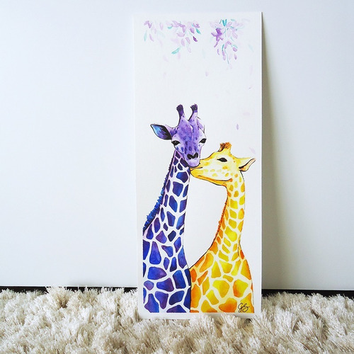 Imagem 2 de 3 de Pintura Em Aquarela Beijo Nas Alturas Girafas Coloridas