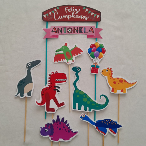 Adorno Torta Topper Dinosaurios C/ Nombre Y Feliz Cumple X10 Verde Lima Toppers Dinos