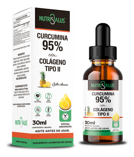 Cúrcuma - Curcumina 95% + Colágeno Tipo 2 Em Gotas 30ml Sabor Abacaxi