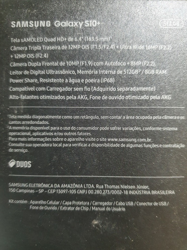 Celular Samsung S10+ 512 De Memória Usado
