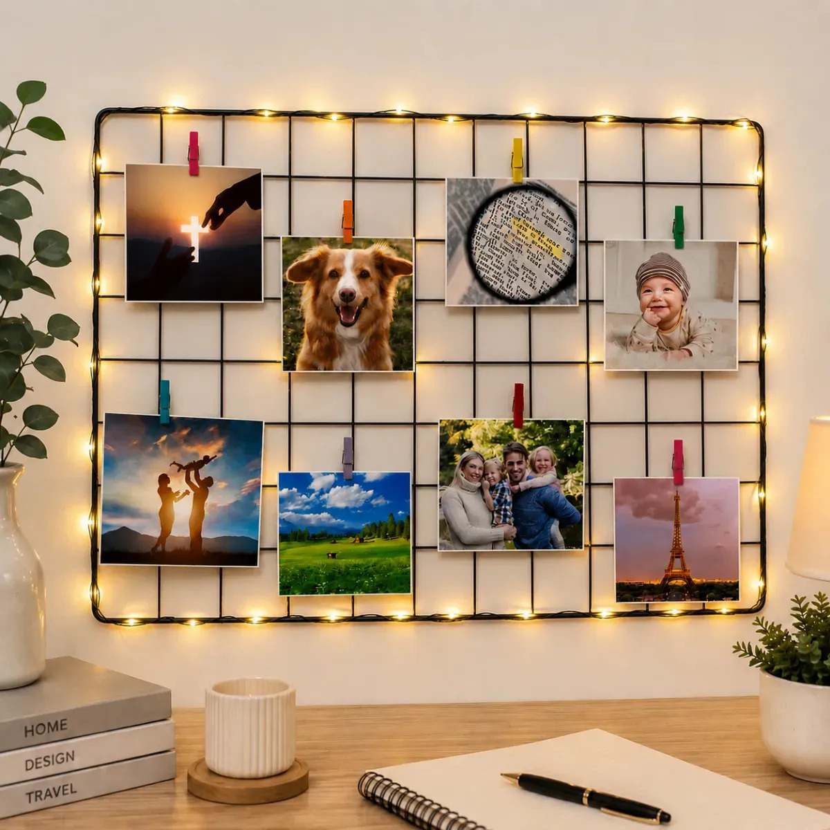 Mural BERTELLI Memory Board 40x60 em Metal Preto com Luz de Led e Prendedores para Fotos