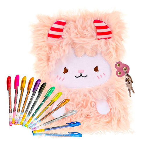 Diario Intimo Peluche + Lapiceras Glitter Candado Y Llaves Rosa Fluffy 2025
