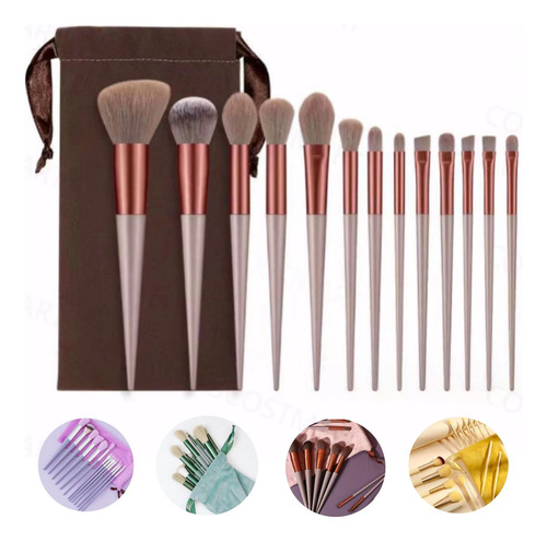 Juego De 12 Brochas Pincel De Maquillaje Profesional+bolsa Color Marrón Claro