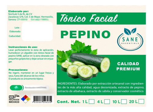 Tónico Facial De Extracto De Pepino Marca Sane 10 Litros