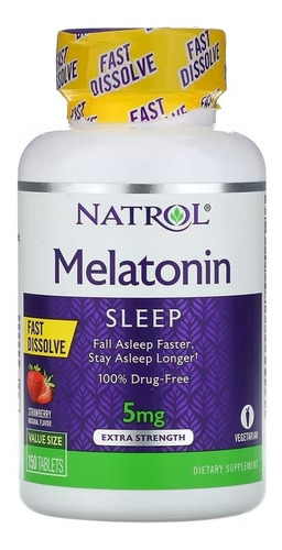 Natrol, Melatonina 5 Mg, Disolución Rápida, Extra Fuerza, Sabor Fresa, 150 Tabletas, Ayuda A Establecer Patrones Normales De Sueño. Producto 100 % Libre De Medicamentos. No Crea Hábito