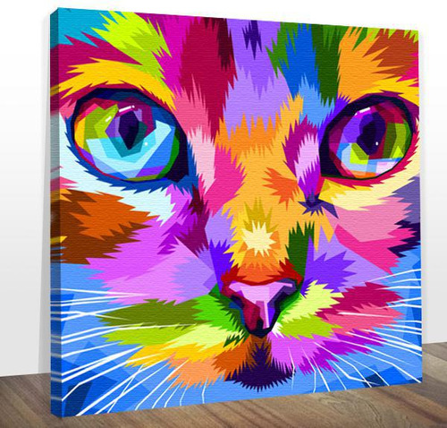 Quadro Decorativo Canvas Face Cat Colorido 40x40