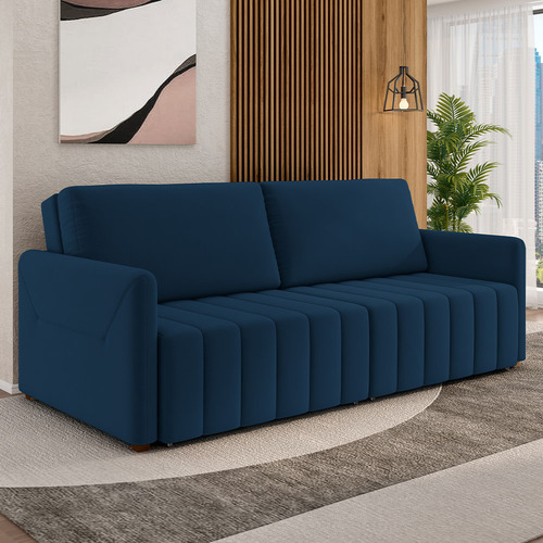 Sofá Cama Retrátil para Sala de Estar 192cm Porthos M03 Veludo Azul