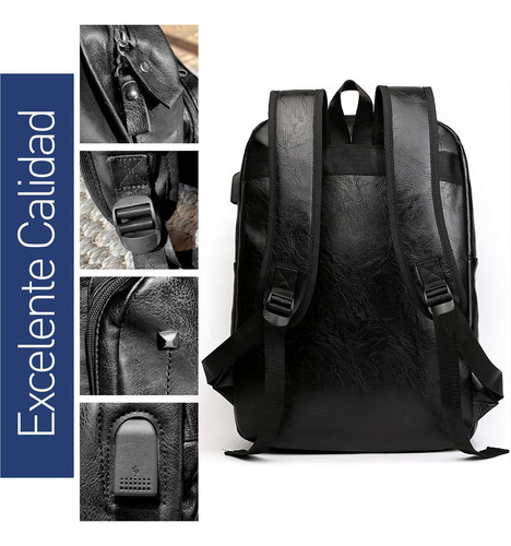** Mochila De Cuero Con 3 Bolsillos Casual Bluelander 30l Con Sistema Antirrobo Color Negro Liso