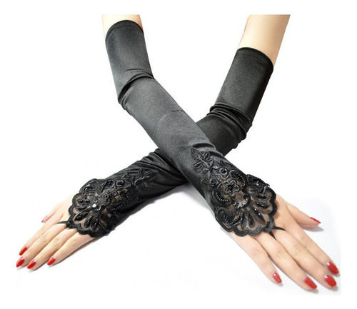2 48cm Sexy Satin Lace Hook Finger Gloves