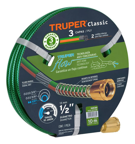 Manguera 1/2 Reforzada 3 Capas 10m Truper 16030