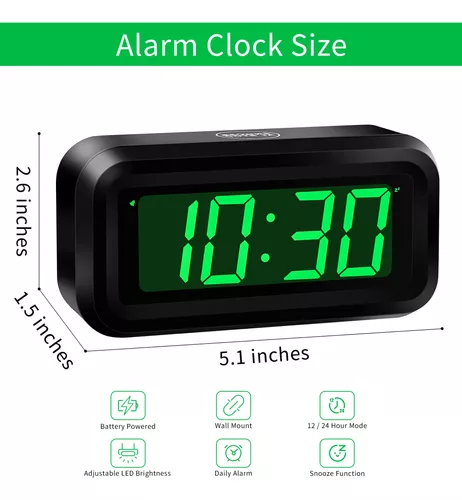 Reloj despertador digital, reloj de pared pequeño, funciona con pilas,  pantalla grande LED de 1.2 pulgadas, atenuador de brillo de 2 niveles,  12/24