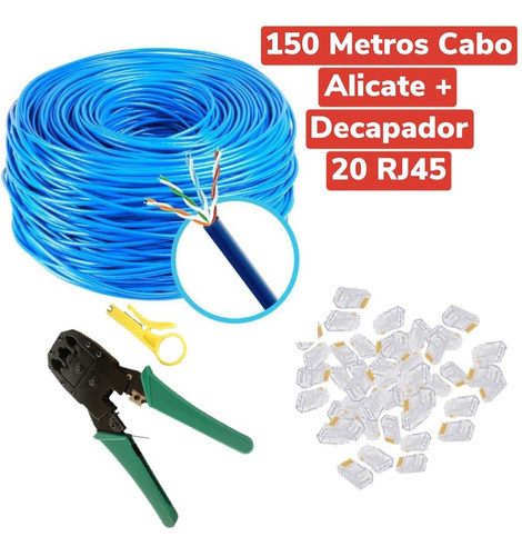 Kit Rede 20 Plug Rj45, 1 Alicate Crimpar, 150 Metros De Cabo
