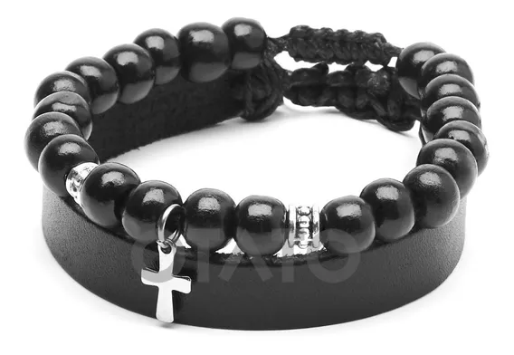 Pulsera Hombre - Pulsera Cuero Genuino - Pulsera Cruz Acero Quirúrgico - Pulseras Conjunto 2 En 1 - Brazalete Hombre