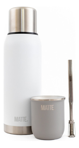 Set Termo Matte White 1l + Mate Steel + Bombilla 