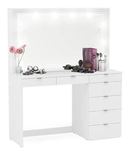 comprar Penteadeira Ditália 7 Gavetas Branco C\u002F Kit Luz Camarim Cozy