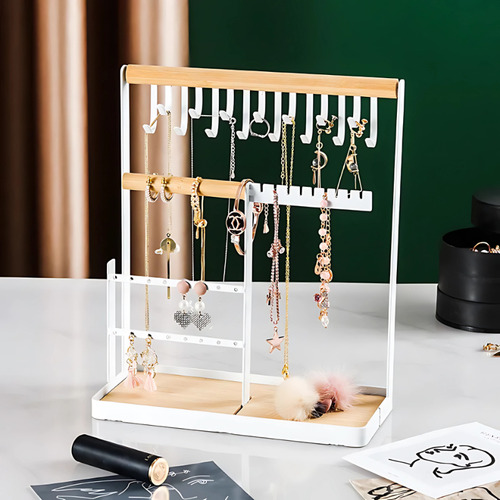 Organizador Nórdico De Joyas Blanco Con 4 Niveles, 15 Ganchos Para Collares, 16 Agujeros Para Aretes Y Soporte De Terciopelo Para Anillos Joyero De Mesa Elegante, No Requiere Instalación