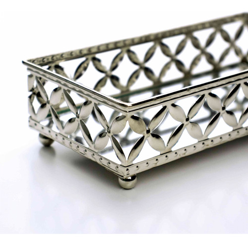 Bandeja Decorativa Retangular Metal Prata Com Espelho 5x18cm
