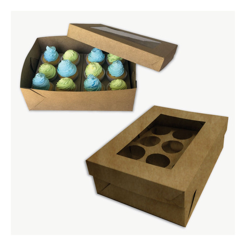 Cajas Para 12 Cupcakes Kraft Con Cuna Y Visor Pack X 50 Uni