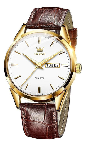 Reloj Olevs T-g6898pz-qjb Men De Cuero Analógico De Cuarz Color de la correa Café Color del bisel Dorado Color del fondo Blanco