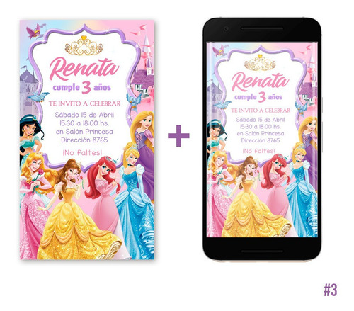 Invitación Imprimible Y Digital Princesas 2 Formatos