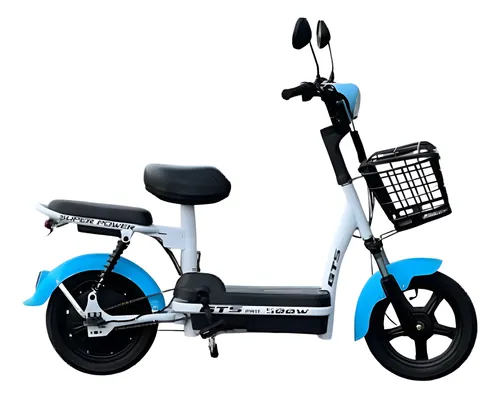 Bicicleta elétrica modelo mini scooter da marca GTS na cor branca com detalhes em azul, equipada com cesta frontal e assento duplo