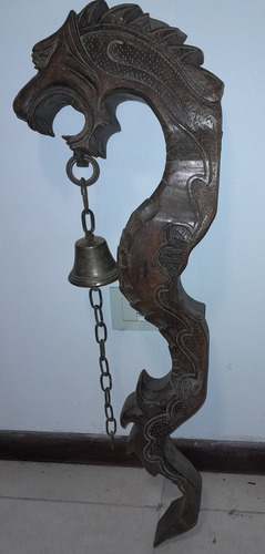 Antigüedad Talla Madera Pared Dragon Marino Campana Estancia (Usado)