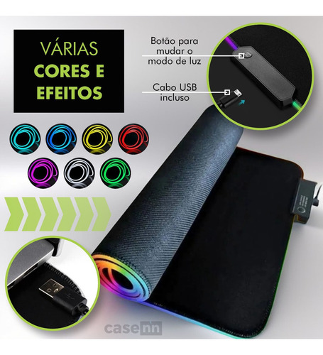 Mouse Pad Gamer Extra Grande Rgb Led Speed Usb 80x30cm Led Mousepad Rgb Colorido Para Mesa De Jogo Pc, Desktop E Computador Casenn Preto