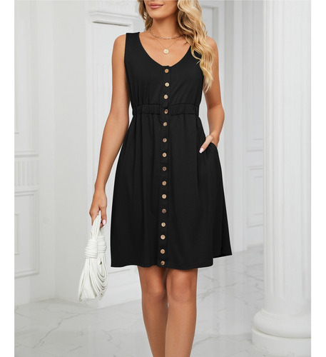Vestido Sin Mangas Con Botones Cuello Redondo Mujer Con