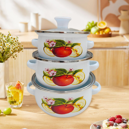 3pcs Esmaltpot Sopa De Sopa Profunda Y Manijas De Cocina
