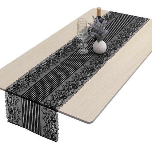 Camino De Mesa De Encaje Negro 33 X 155 Cm, Decoración Bohem