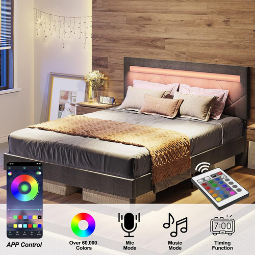 Base De Cama Matrimonial Likimio Con Luces Led Gris
