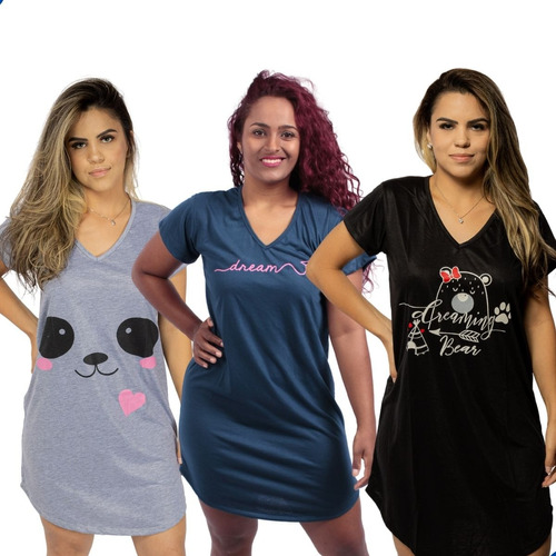 Conjunto 3 Camisolas Feminina Pijama Confortável Manga Curta