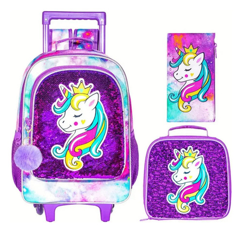 Conjunto De 3 Mochilas, Mochila Con Ruedas Para Niñas Morado Unicornio