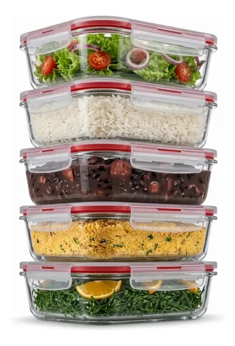 Kit 5 Potes de Vidro Hermético Retangular 450ml com Tampa