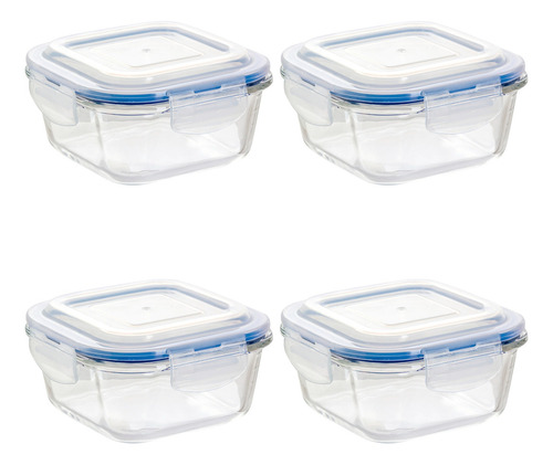 4 Contenedor Hermético De Vidrio Cuadrado Grande 520 Ml