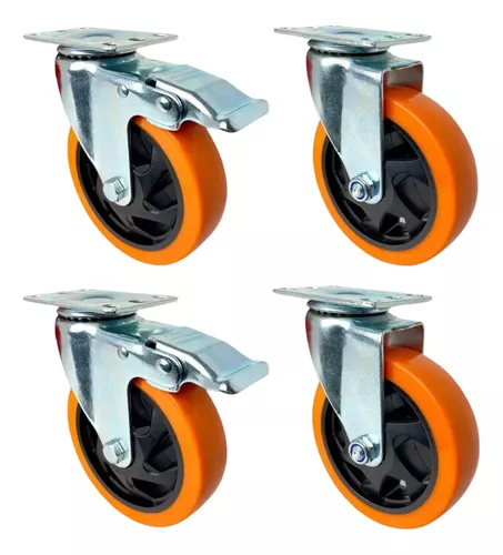 4 Ruedas Giratorias Con Freno Poliuretano Naranja 100mm