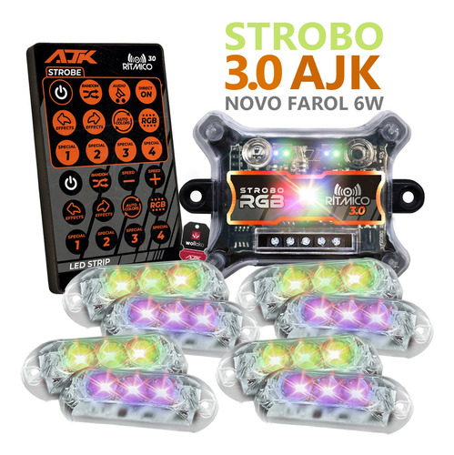 8 Strobo Ajk 3.0 Rgb Rítmico Farol 6w Farol Forte Novo