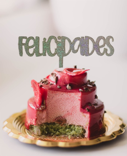 Cake Topper Felicidades Acrílico Vinil Glitter Plata 17x10 Plateado