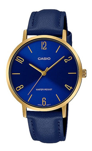 Reloj pulsera Casio Dress LTP-VT01 de cuerpo color dorado, analógico, para mujer, fondo azul, con correa de cuero color azul, agujas color dorado, dial dorado, bisel color dorado y hebilla simple