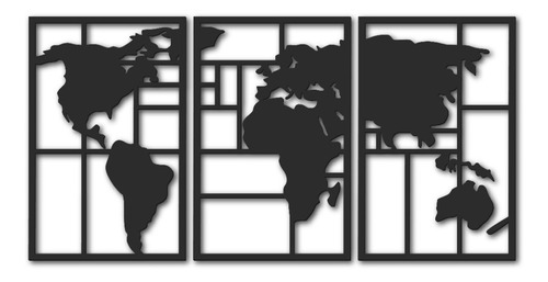 Imagen 3 de 7 de Cuadro Mapa Del Mundo Tríptico Calado En Fibrofacil Negro