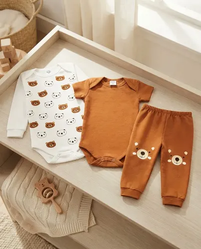 Kit Body Bebê Menino 3 Peças, Manga Longa, Curta E Calça
