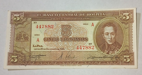 Billete De Bolivia 5 Bolivianos 1945 Unc.-p.138