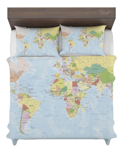 Jogo De Cama Casal Mapa Mundi Retro Vintage Tumblr Viagem