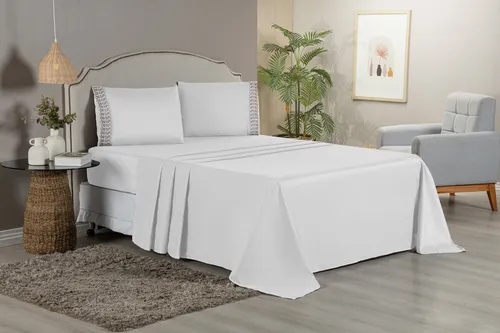 Kit Jogo Lençol Casal Bordado Inglês 100 Algodão 4 Peças