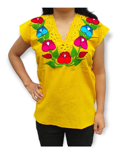 Blusa Tulipanes Bordado Artesanal Manta Campesina Mexicana